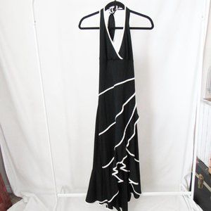 VINTAGE Y2K Black Ruffle Halter Dress Midi Length Classic Black/White Chic! -L